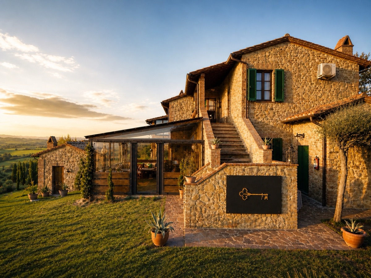 Restored 1800s stone farmhouse at sunset