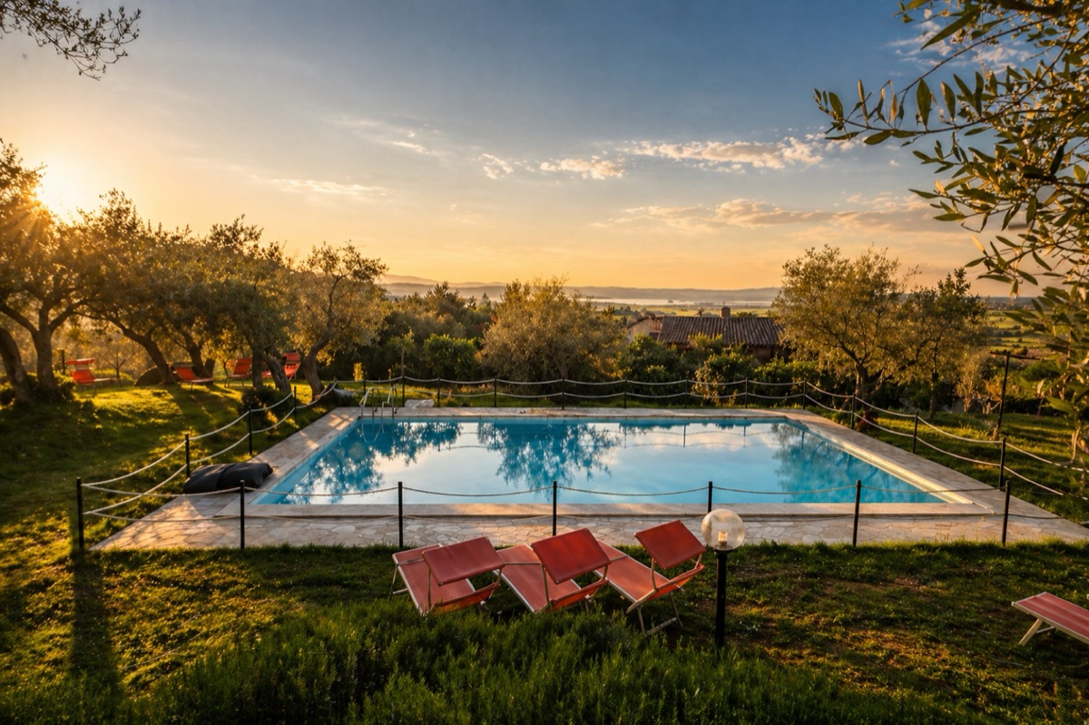 Pool with sunset views over Lake Trasimeno