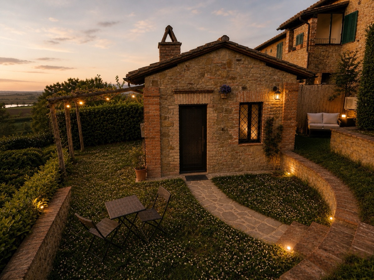 Standalone stone cottage at golden hour