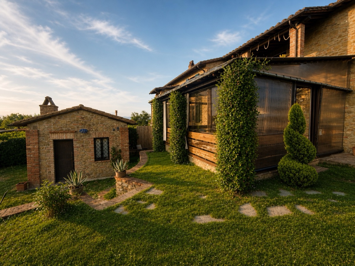 Stone cottage from the garden in daylight