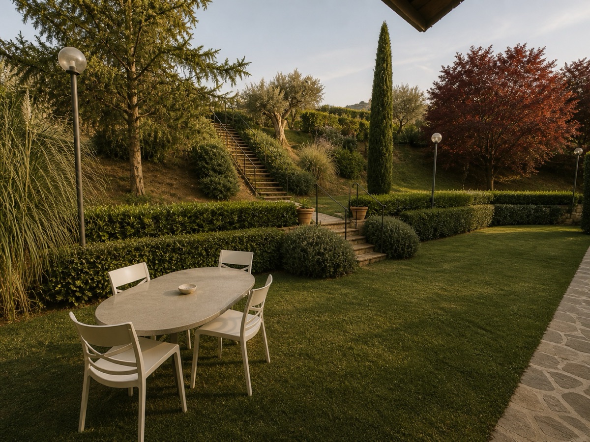 Garden with cypresses and Japanese maples