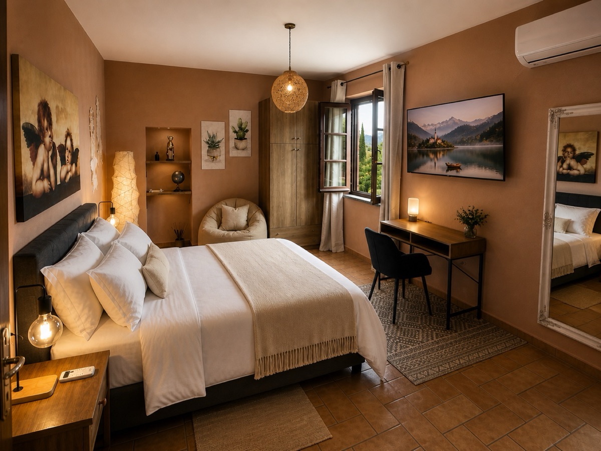 Terracotta-walled bedroom with Renaissance angel painting