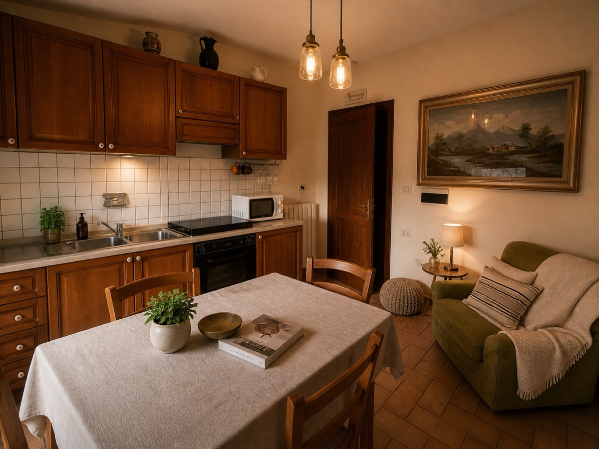 Kitchen and lounge with green sofa