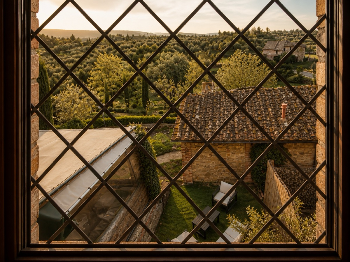 Diamond-leaded window onto cypresses and rolling hills