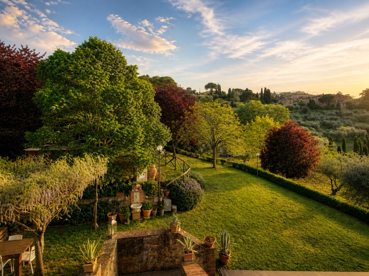 Sunset garden panorama from the apartment