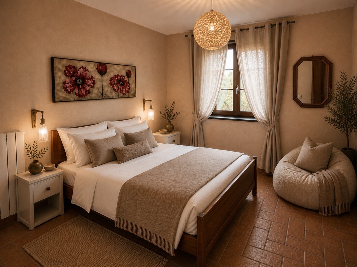Poppy Suite bedroom with red poppy artwork