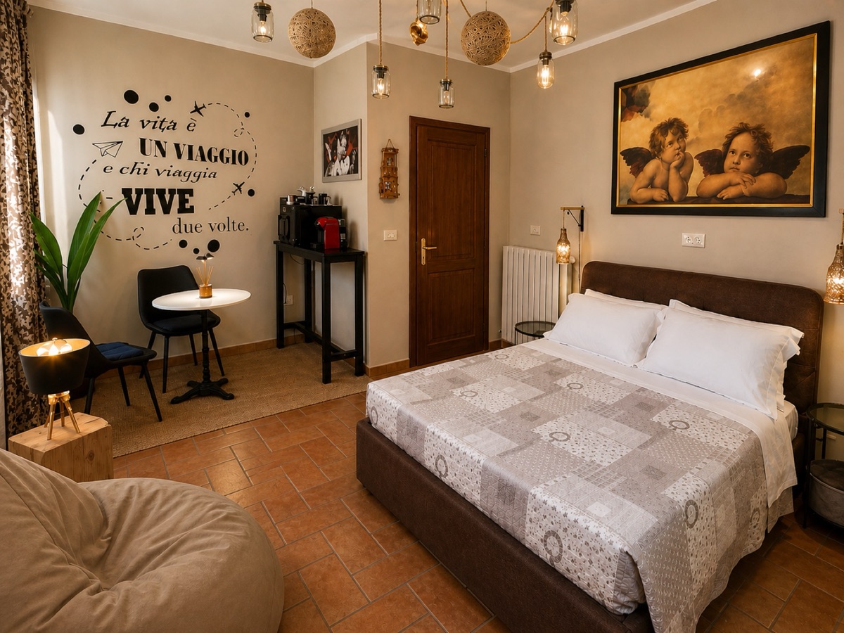 Bedroom with curtained wardrobe