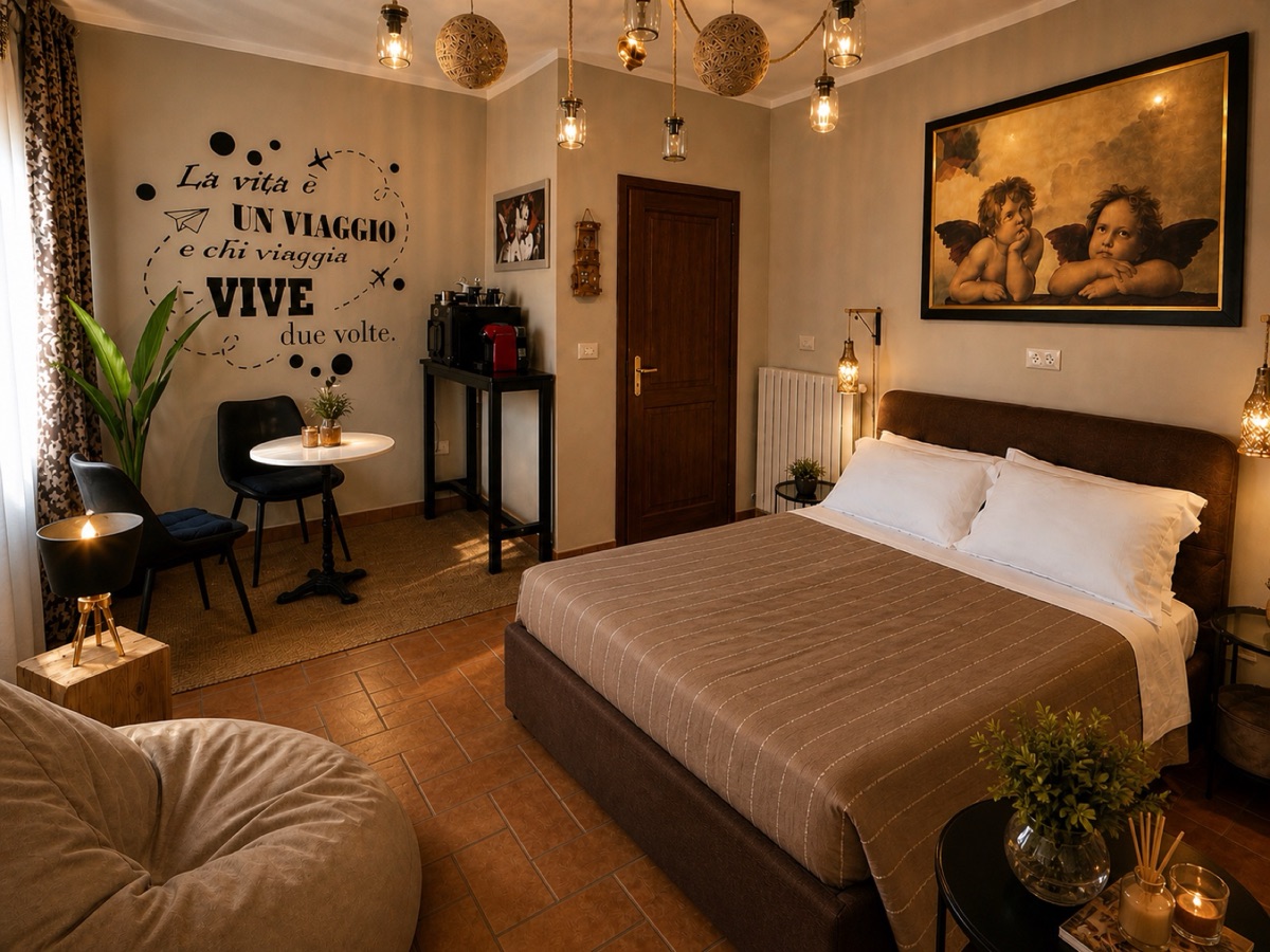 Cherubs above the bed with copper Edison pendants