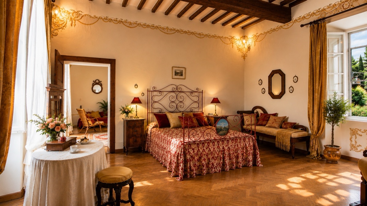 The Count's Apartment double bedroom with red wrought-iron bed, painted ceiling friezes, and view through to the second bedroom