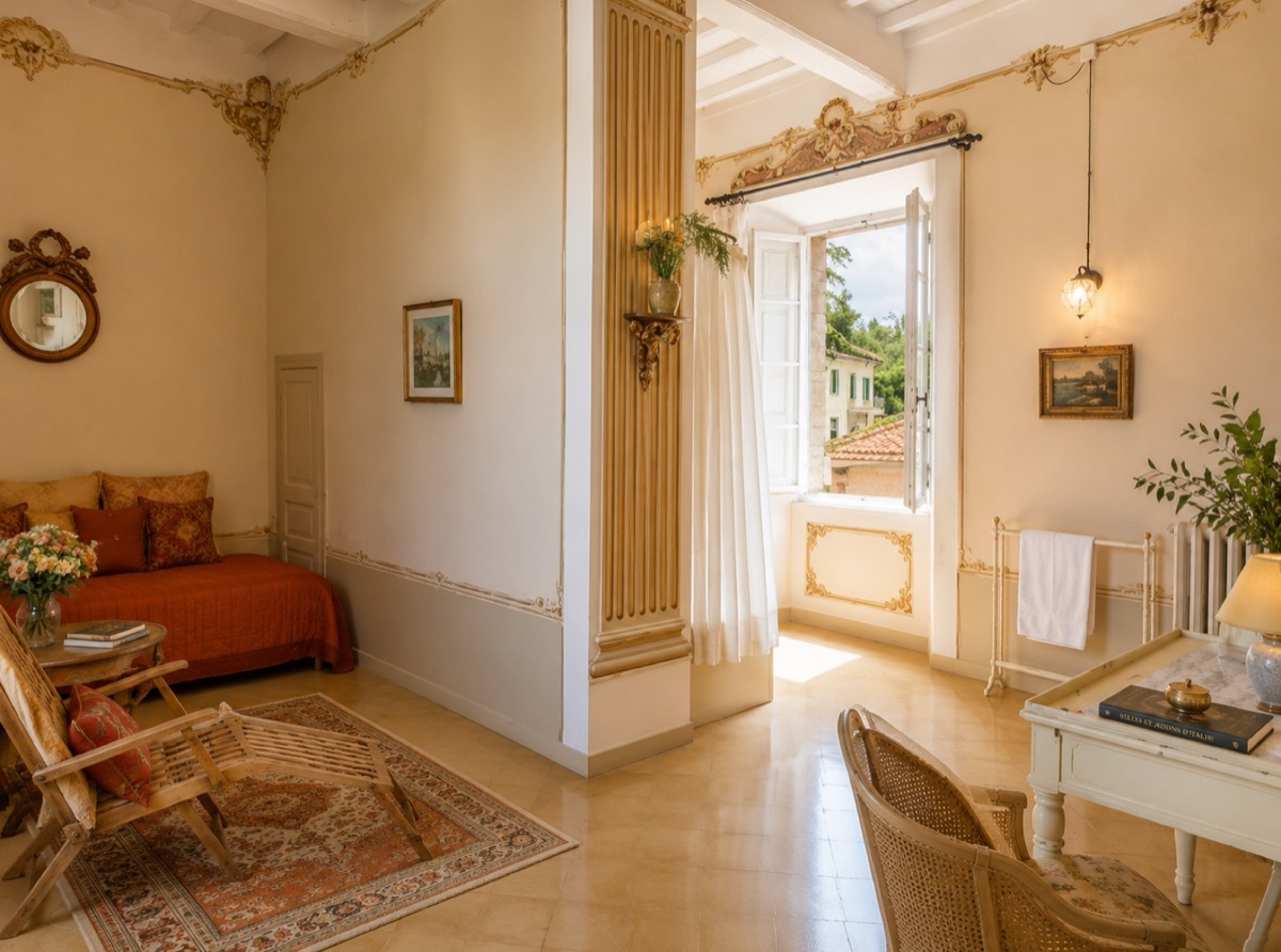 The Count's Apartment 28m² bathroom — gilded molding, iron canopy tub with lace curtains