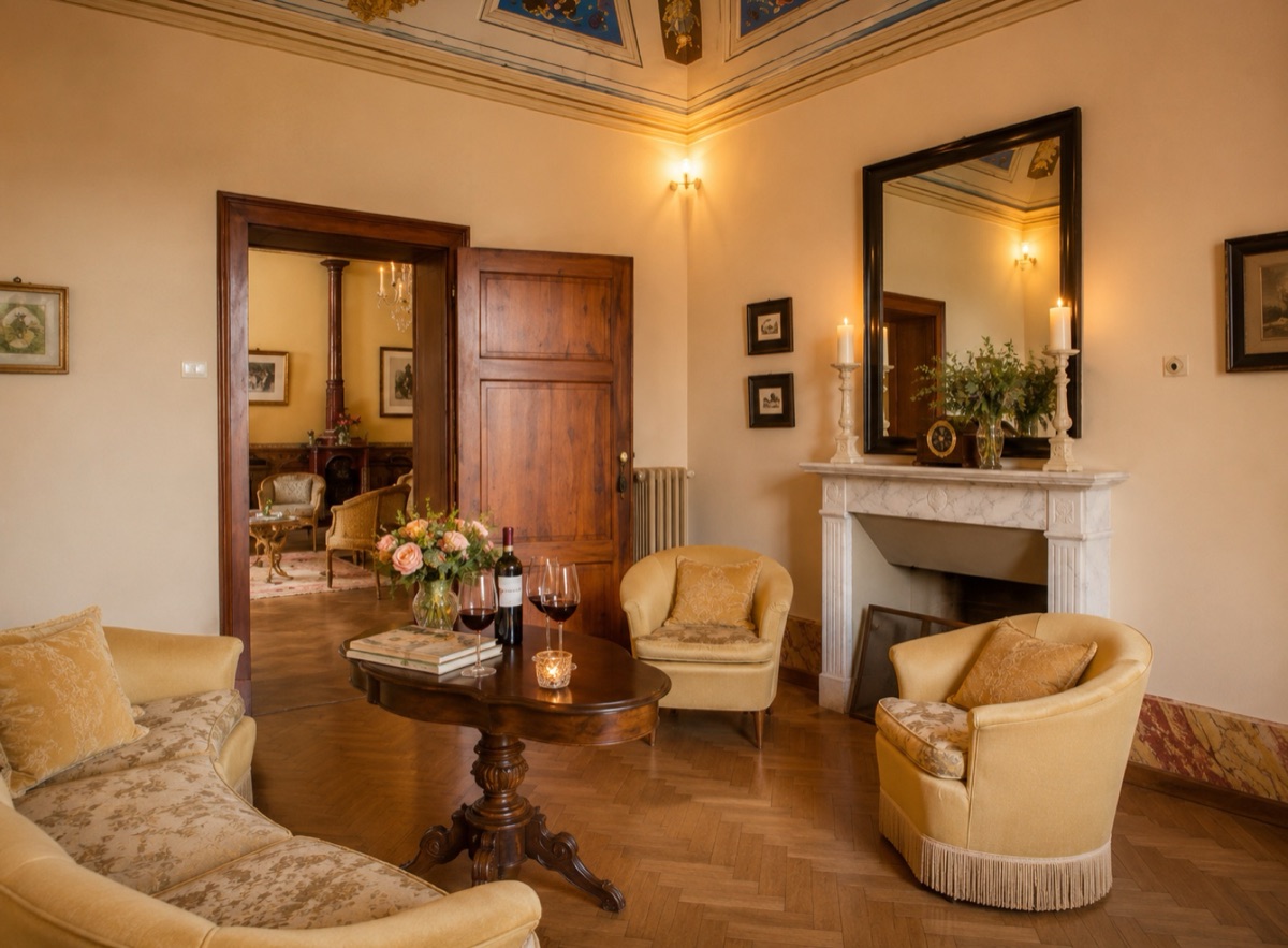 The Count's Apartment private sitting room — yellow tub chairs, marble fireplace, painted ceiling medallions