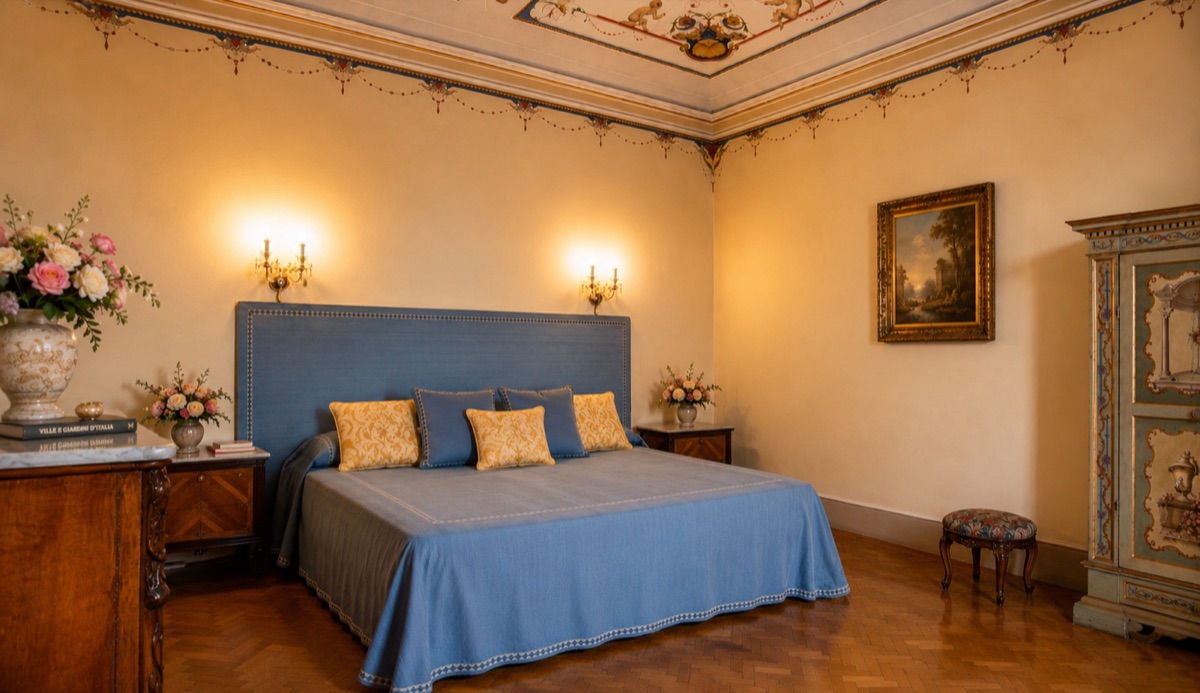 The Count's Apartment second bedroom with blue double bed and painted ceiling frieze