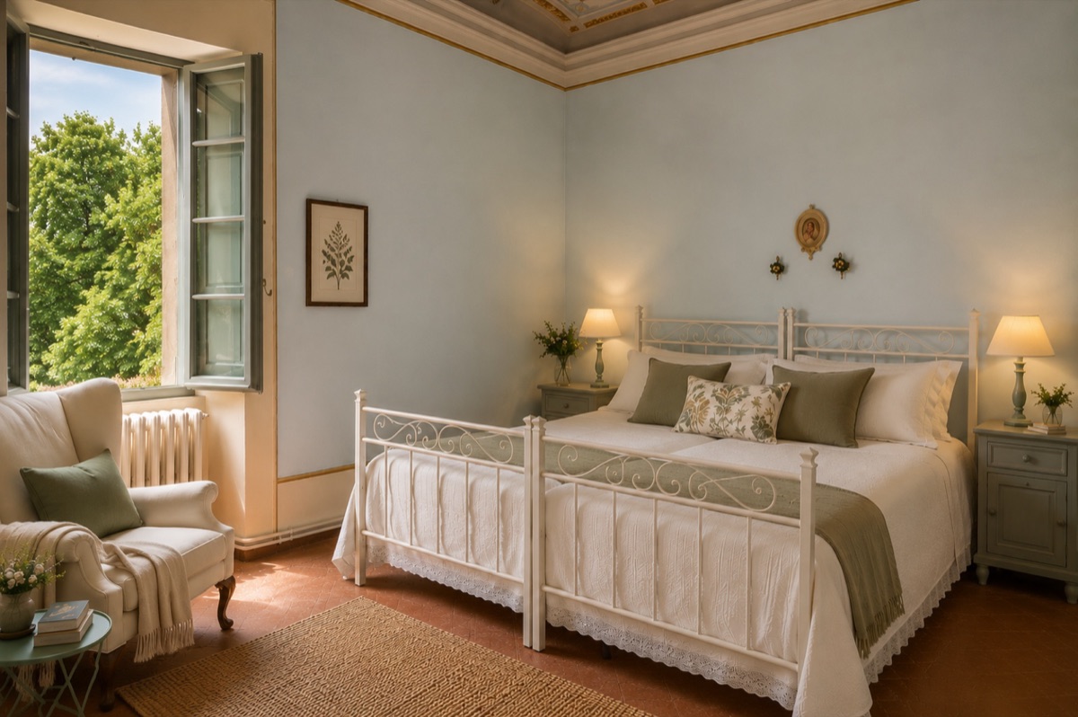 The Green Room — additional view with white iron bed and pale blue walls
