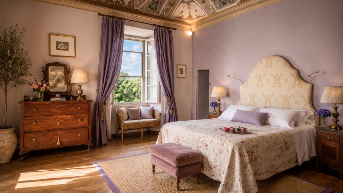 Terrace Suite bedroom — lavender walls, painted fresco ceiling, antique chest, lilac silk drapes, patterned upholstered headboard